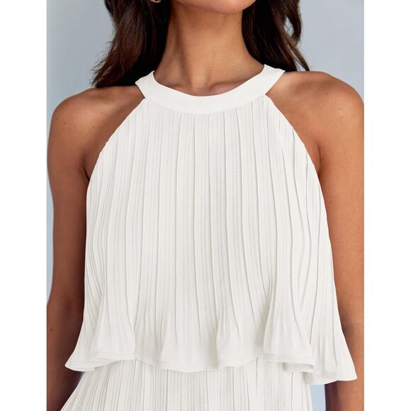 Women's Summer Halter Dress Sleeveless Ruffle Tiered Layered Chiffon Mini Dress - Picture 5 of 8